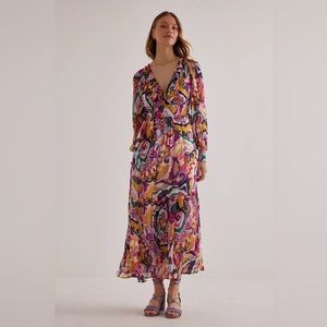 By Anthropologie Ruffle V-Neck Long-Sleeve Midi Dress